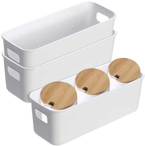 Bailtouk 3 Piezas Caja de Almacenamiento, Cajas Organizadoras de Plastico, Cestas Organizadoras con Asas Pequeños de Almacenaje para Cocina, Armario, Oficina, Baño (28×9,5×10cm)