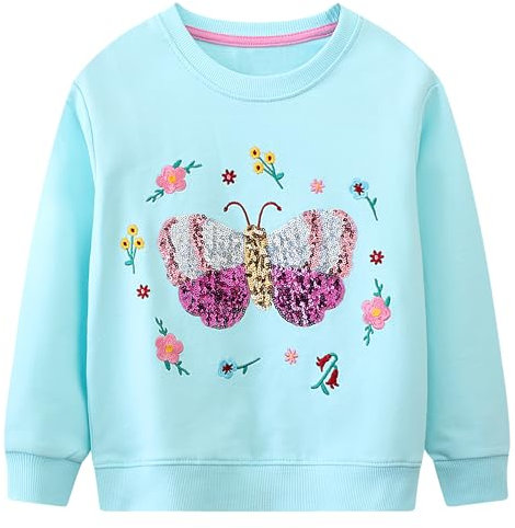FILOWA Kinder Mädchen Pailletten Schmetterling Blumen Stickereien Herbstpullover Sport Pullover Blau Baumwolle Top Casual Kleinkind 4-5 Jahre, Gr.104-110