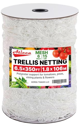 Trellis Netting 6.5 x 350 ft Heavy Duty Polyester Plant Support Netting White - 6 Inch Garden Rope Trellis on Roll - Mesh Twine for Growing Vine Climbing Plants, Flowers, Peas, and Tomatoes.