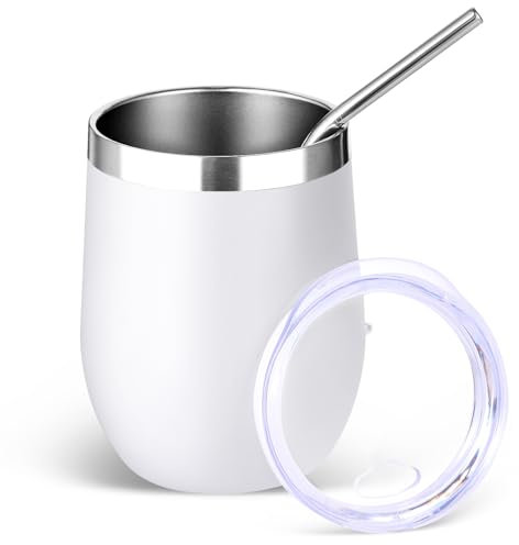 Volhoply 12oz Edelstahl Weinbecher mit Deckel und Strohhalm,350ml Doppelwandige vakuumisolierte stiellose Weingläser,Reise Kaffeebecher,Kleine Becher Geschenke für Frauen(Weiß,1 Set)