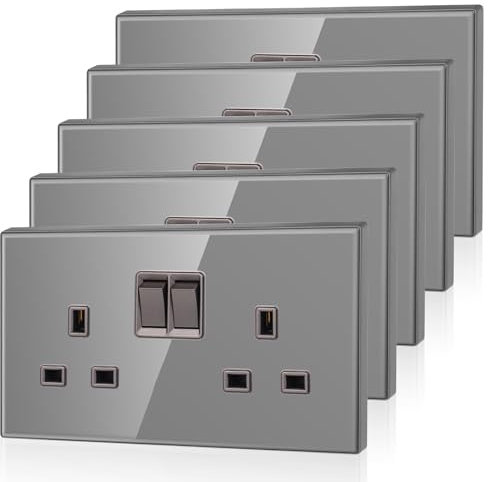 5 Pack CNBINGO Glass Double Switched Power Socket, Electric Power Sockets 2 Gang 13 Amp, Grey Double Wall Outlet with Tempered Glass Panel