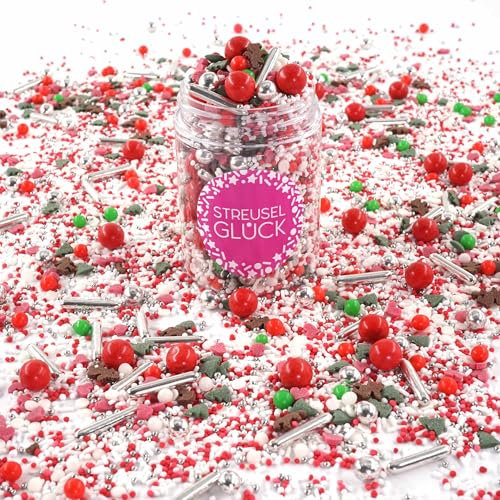 Streusel Glück Weihnachten Rentierglitter weiss rot grün silber 90g Weihnachtsstreusel Rentiere | essbare Tortendeko Christmas | Zuckerstreusel Plätzchendeko Plätzchen Kekse verzieren | Sprinkles