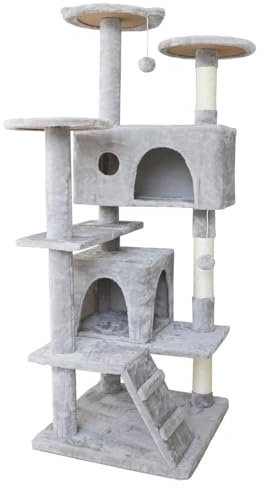 Aggloz | Cat Tree, Cat Scratching Post Stable Cat Tower for Indoor Cat, Activity Centre Cat Climbing Tree with 2 Cat Houses, Hammock, 4 Sisal Posts, Ladder, and Rest Place (GREY)