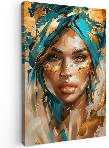 MuchoWow© Impression sur Toile Decoration Murale Peinture 80x120 cm Tableaux Art Décoratif Muraux Décoration Chambre Femme - Portrait - Or - Luxe - Bleu