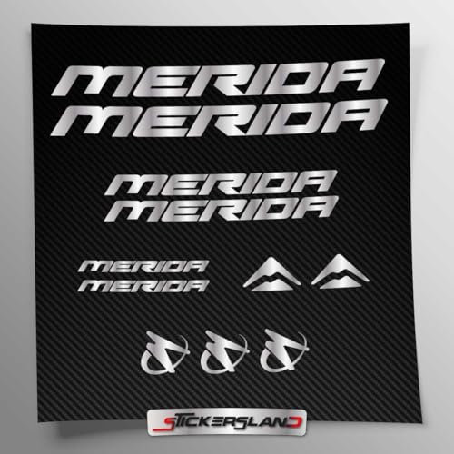 Aufkleber-Set kompatibel mit Rahmen Merida MTB Mountainbike und Helm | Decals Aufkleber für Fahrrad Schriftzug Logos | Stickersland® (Silber glänzend metallisch)