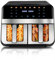 Heißluftfritteuse 2 Kammern mit Sichtfenster, 9L XL 2400W Doppelkammer Ölfreie Airfryer, 8 Programmen, Touchscreen, Timer-Funktion, Antihaft-Beschichtung, Fritteuse ohne Fett, Spülmaschinenfest