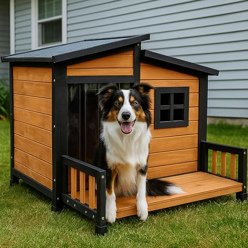Large Dog House Outdoor Elevated Wooden Dog Kennel with Porch Brown 39