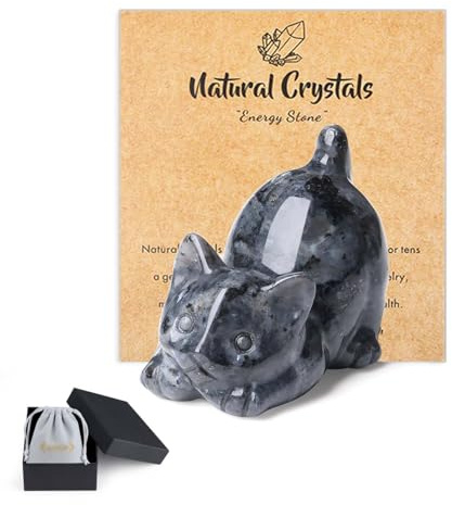 QINJIEJIE Black Labradorite Crystal Cat Ornaments Black Cat Gifts for Women | Good Luck Cats Themed Statue Home Office Desk Decor, Spiritual Crystal Gifts for Lovers Men Christmas Presents