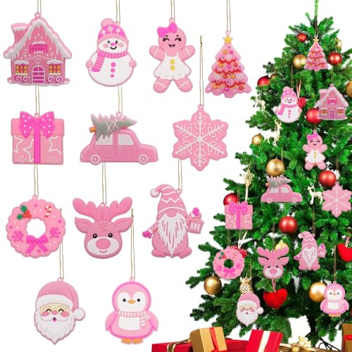 Weihnachtsbaumschmuck, 12 Stück Rosa PVC Weihnachtsanhänger, Christbaumschmuck, PVC Hängender, Weihnachtsdeko zum Aufhängen, Weihnachtsdekoration, Weihnachten Ornamente