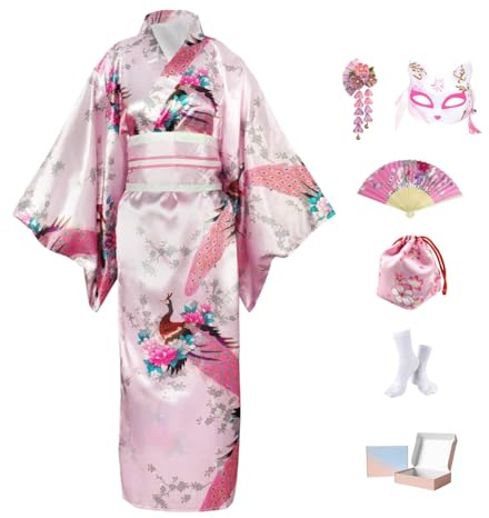 Ensemble Kimono Japonais Femme 9 Pièces - Yukata Satin avec Obi, Nœud Papillon, Masque Renard, Éventail, Tabi, Pochette et Barrette - Déguisement Geisha Large pour Carnaval & Cosplay Coffret Cadeau