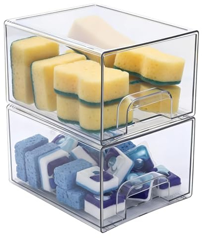 Punorric 2 Pack Clear Dishwasher Tablet Sponge Storage Stackable Dishwasher Pods Storage Drawers Small for Kitchen Cupboard, Vanity, Under Sink, Pantry, Laundry, Bathroom, Home Organization