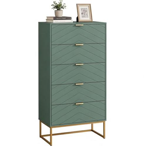 UEV Kommode mit 5 Schubladen, Schubladenschrank Schmal 60x34x110cm (Grün) | mit Kippschutz & Metallfuß, modern Highboard Sideboard Holz Beistellschrank Komodenschrank für schlafzimmer Wohnzimmer Flur
