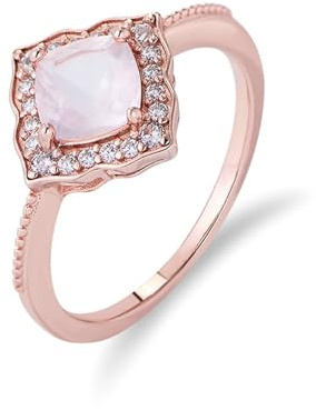 Skcess Anello da donna in oro rosa 9 K 14 K 18 K, quadrato rosa con quarzo rosa e anello a fascia con diamanti per le donne, 7, Quarzo rosa oro rosa 9 carati, Zirconia cubica