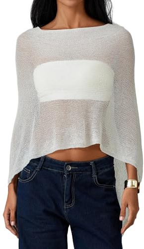 Edhomenn Womens Sheer Poncho Crochet Cover Ups Hollow Out Beach Pullovers | Lightweight Loose Vacation Clothes See Through Asymmetrical Summer Poncho