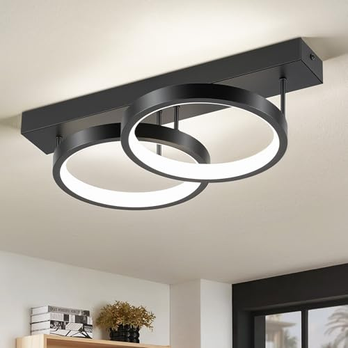 WOKNOS LED Deckenlampe 2 Ring Design,Moderne Deckenleuchte Schwarz 38cm