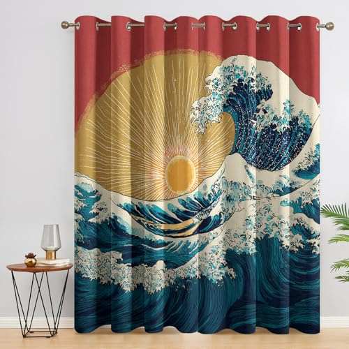 DITHYRAM Rideau Chinois Occultant Motif Asie Oriental Japonais Rideaux Chambre Salon Cuisine 140 x 300 cm, Oeillets Rail Rideaux Occultants Thermique