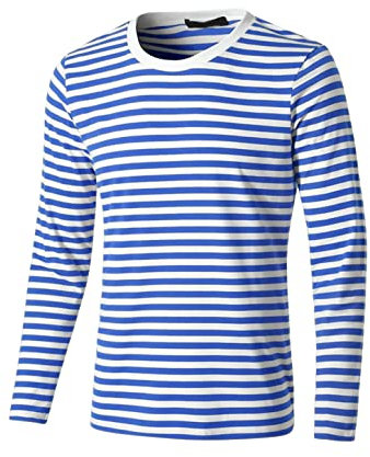 sourcing map Men's Striped T Shirt Crew Neck Long Sleeve Casual Cotton Pullover Tee Top Blue and White XL
