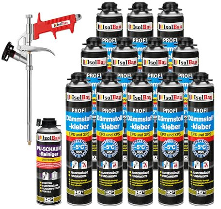 Isolbau B2 Lot de 12 tubes de colle périmétrique 750 ml, 1 nettoyant en mousse polyuréthane et 1 pistolet à mousse pour plaques EPS et XPS – Mousse adhésive en polyuréthane 1K pour fixation et
