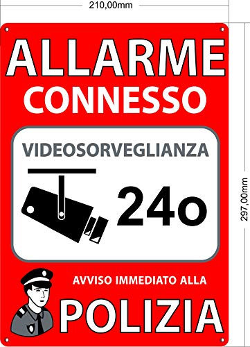 Allarme A4 Interno/esterno, Targhetta in Pvc Flessibile, Segnale Di Allarme Collegato, 30x21 cm Di Colore Rosso