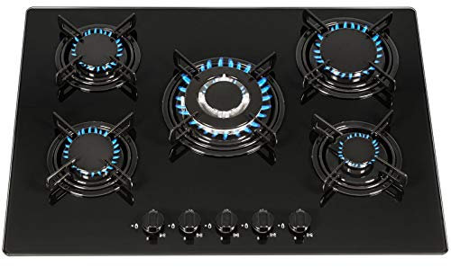 SIA GHG713BL 70cm Black Glass 5 Burner Gas Hob With Enamel Stands & Wok Burner