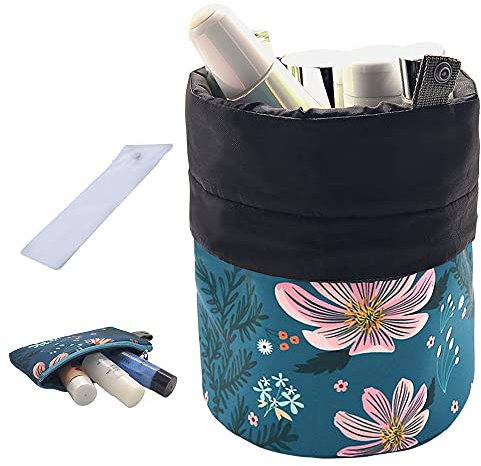 UYRIE Tragbare Make-up Kulturbeutel Kosmetische Reiseveranstalter Tasche, Große Kordelzug Hängen Verpackungsbeutel für Frauen Mädchen Männer, Tonnenförmige Aufbewahrungstasche (rosa blume)