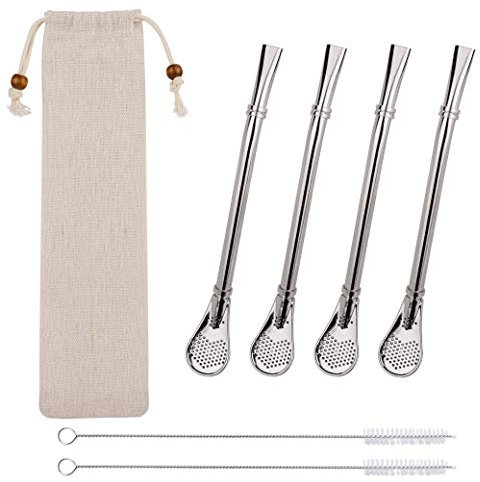 Stainless Steel Straws Filter Spoon Reusable Drinking Stirring Straw Spoons for Filter Sediment, Loose Leaf Tea and Stirring Coffee, Cocktail, Smoothie with 2 Cleaning Brushes 4 Pieces (Silver)