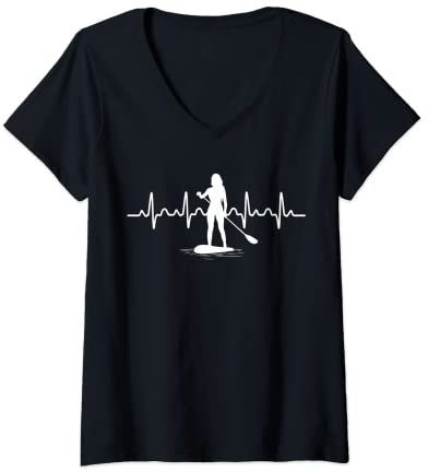 Damen Herzschlag SUP Cooles Frauen Mädchen Stand Up Paddling EKG T-Shirt mit V-Ausschnitt