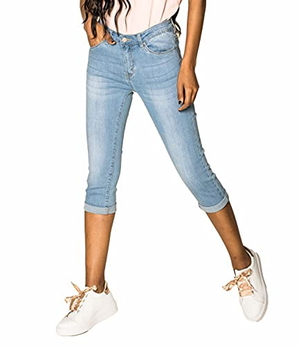 Nina Carter P132 Jean Capri Skinny Fit pour Femme Pantacourt Taille Haute Effet Usé et Lavage, Bleu Clair (P132-6), XXL