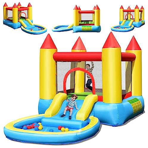 DREAMADE Château Gonflable pour Enfants, Aire de Jeux Gonflable avec Toboggan, Zones de Saut & Piscine, Apparence Mignonne, pour 2 Enfants de 3 à 5 Ans, Capacité de Charge Max 68 KG(sans Souffleur)