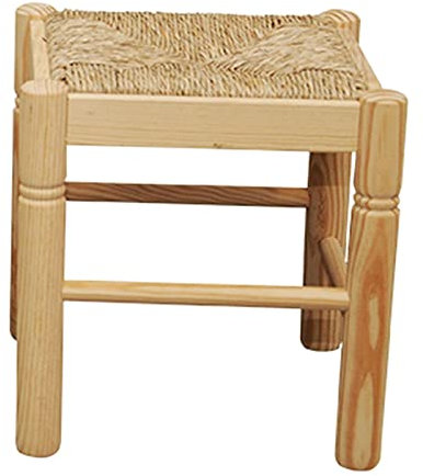 Tradineur Tabouret de maison petit carré avec paille sur siège à pieds ronds, banc carré avec raphia en assise, 35 x 33,5 x 33,5 cm