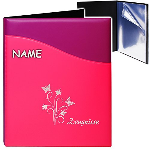 alles-meine.de GmbH A4 - Zeugnismappe/Dokumentenmappe - Zeugnisse Schmetterlinge & Blumen - 3D Kunst-Leder Effekt - lila/pink - rosa - inkl. Name - GEBUNDEN mit 20 ..