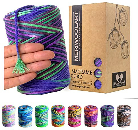MeriWoolArt® Makramee Garn - Makramee Garn 3mm farbig 200m - Super weiches Garn, einfach gedrehte Makramee Schnur - Öko-Tex 100% recyceltes Baumwollgarn farbig - DIY Boho Deko Makramee