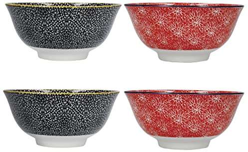 KitchenCraft Glasierte Steinzeugschüssel 4er-Set, rot und schwarz geblümt, 15,5 x 7,5 cm, Geschenkkarton