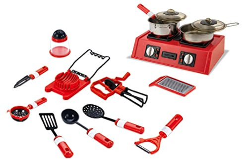 Teorema 66970 - Fornello Giocattolo a 2 fuochi per Bambini Portatile, con Grembiule e Cappello da Chef, Utensili da Cucina e Pentole in Metallo