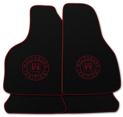 AUTOTEPPICH-Stylers Velours Schwarze Fußmatten passend für VW Golf 5 + 6 mit Logo Wolfsburg Edition WOB und Rand in Bordeaux