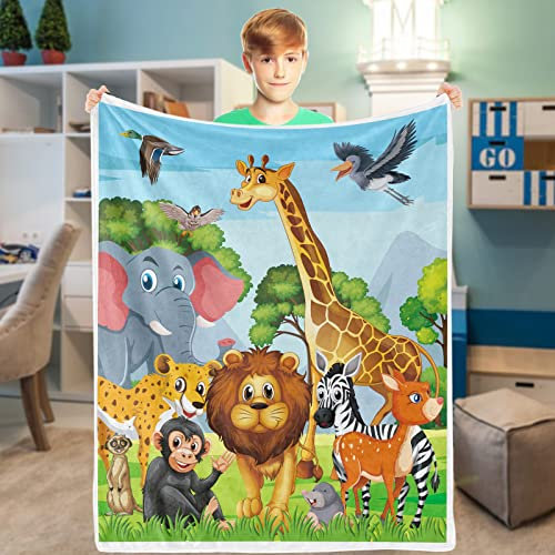 Decke Dschungel Kinder Dschungel Safari Kuscheldecke Tiere Weich Flanelldecke Elefant Giraffe Warm Plüsch Fleece Wohndecke Waldtiere für Kleinkind Jungs Mädchen Geburtstagsgeschenke Krippe 101x127cm