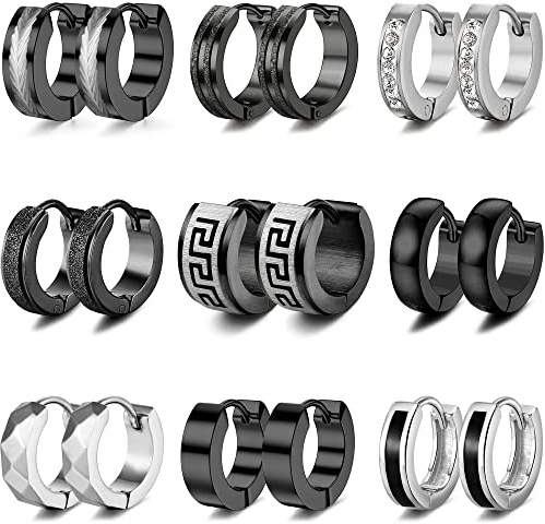 RIOSO 9Pairs Hoop Earrings for Men Stainless Steel Black Men's Hoop Earring