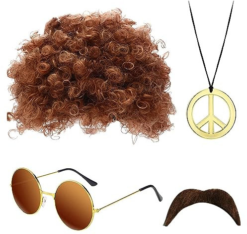 SKHAOVS 4 Stück Hippie Accessoires Set, Hippie Kostüm Herren, 70er 80er Jahre Perücke Disco Hippie Kostüm Set, Schnauzbart, Hippie Mode Afro Perücke,Für 50/60/70er Jahre Hippie Thema Party