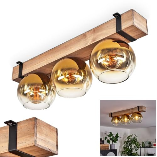 Deckenleuchte Montgomery, Deckenlampe aus Metall/Holz/Glas in Schwarz/Natur/Goldfarben/Klar, skandinavisches Design mit Holzbalken (60 cm) u. Glaskugeln (Ø 15 cm), 3 x E27-Fassung, ohne Leuchtmittel