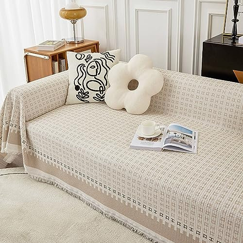 Bezug Sofa 180x300cm, Geometrisch Gitter mit Quasten Couch Überzug 3 Sitzer Sofabezug rutschfest Beige Couchbezug für Wohnlandschaft