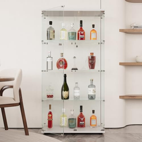 AUFHELLEN Glasvitrine Standvitrine in Weiß, 164x80x36.5CM Modern Glas Holz Vitrine Sammlervitrine Vitrinenschrank mit 4 Böden aus ESG für Sammlerstücke Bücher Wein, für Büro Wohnzimmer Küche