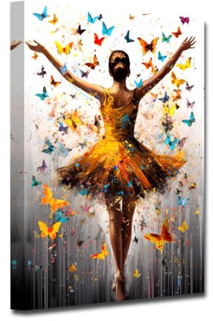 CXHOSTENT Ballett Leinwandbilder abstrakte schwarze Frau die mit Schmetterlingen tanzt Kunstdrucke Ballerina Bilder für Mädchenzimmerdekoration (B, 60.00 x 90.00 cms)