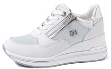 QUEEN HELENA Hohe Leder-Sneaker mit Keilabsatz, Turnschuhe mit seitlichem Reißverschluss für Damen QH7019, blau, 38 EU