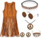 Accessori per costume hippie da donna, set hippie per costume degli anni70, gilet con nappine, fascia per bracciale, orecchini, collana, occhiali da sole, costume da discoteca