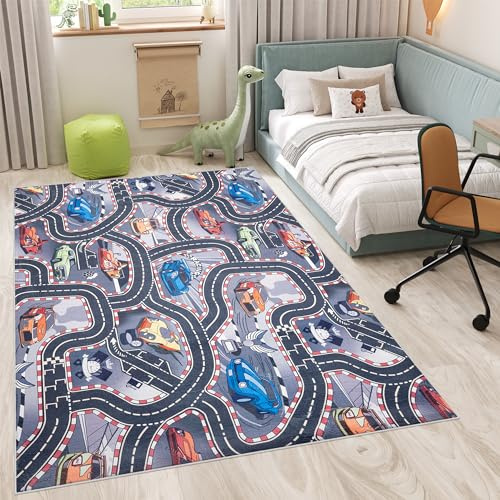 TAPISO Flannel Teppich rutschfest Grau Blau Bunt Waschbar Kurzflor Straßenteppich Autorennen Kinderteppich Kinderzimmer Spielmatte ÖKOTEX 120 x 170 cm