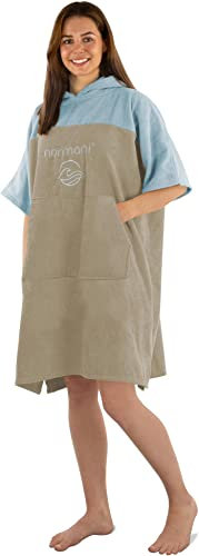 normani Erwachsenen Frottee Badeponcho aus Bio-Baumwolle für Herren und Damen - Strand Umziehhilfe Baumwoll Badehandtuch Surfer Poncho Farbe Hellblau/Beige Größe 174-199 cm