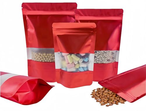 Rimiko 100 Pezzi Sacchetti di Alluminio Autoportante con Finestra, Bustine in Mylar con Zip, Buste Richiudibili per Alimenti (Rosso,12x20 cm)