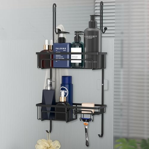 COSYLAND Étagère de Douche à Suspendre - Panier de Douche sans Perçage en Acier Inoxydable - Rangement Douche Suspendu avec Crochets pour Porte en Verre - Antirouille, Noir