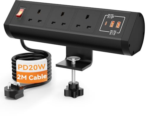 Desk Power Socket with USB C PD20W, Desk Clamp Power Strip 3 Way Plug with Switch, Desktop Power Outlet with 2M Extension Cords, 13A, Black