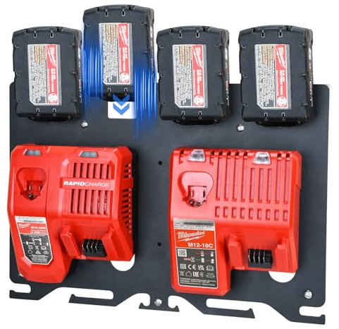TOPOWN 3 in 1 Metal Wall Mount for Milwaukee Chargers, Batteries, Drills, Mount for 4 18V Milwaukee Batteries, Storage Rack for 2 M12-18C Charger/2 M12-18FC Charger/1 M18 DFC